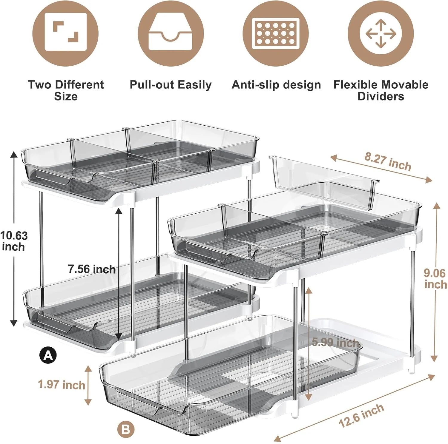 under Sink Organizers and Storage 2 Pack Set, 2 Tier Sliding Bathroom Sink Organizer, Multi-Use under Kitchen Cabinet Storage Shelf (S&L), Grey