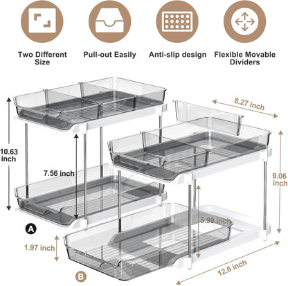 under Sink Organizers and Storage 2 Pack Set, 2 Tier Sliding Bathroom Sink Organizer, Multi-Use under Kitchen Cabinet Storage Shelf (S&L), Grey